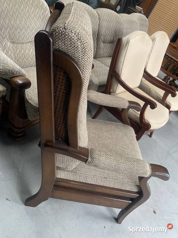 Piękny holenderski fotel z materiału na dębowym Sławoszewek