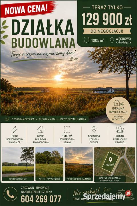 DZIAŁKA BUDOWLANA 1005 m WĘGROWO k GRUDZIĄDZA prąd kujawsko-pomorskie Grudziądz