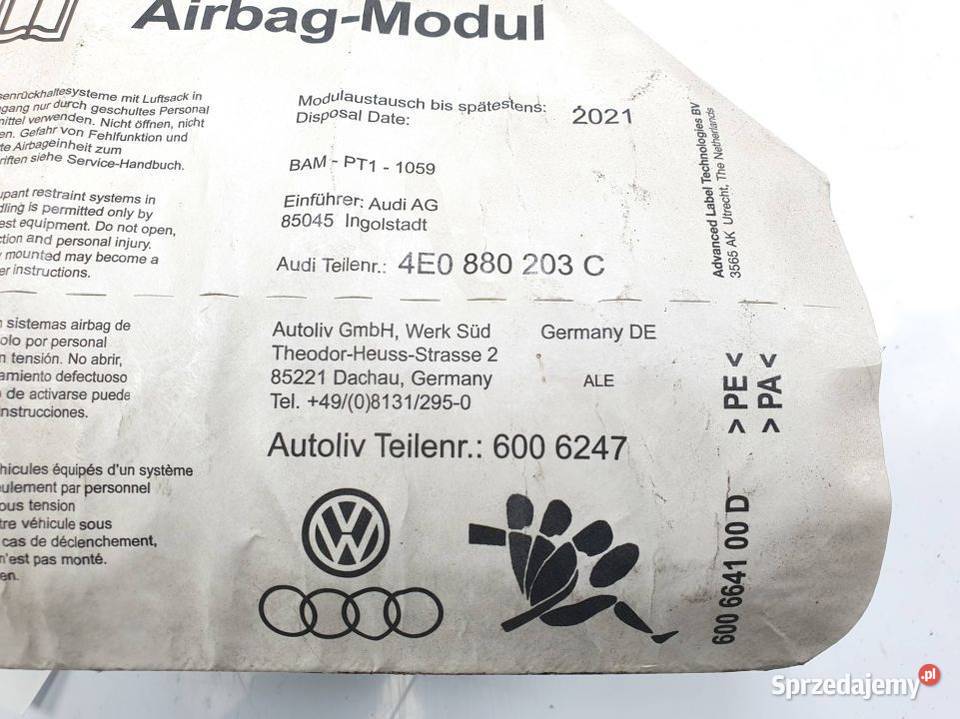 PODUSZKA AIRBAG AUDI A8 D3 4E0880203C kujawsko-pomorskie Lipno