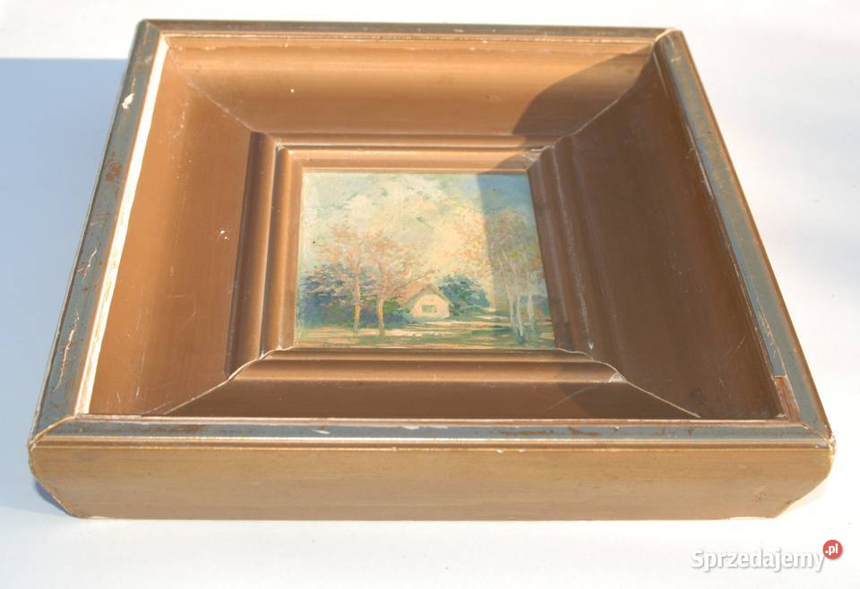 Stary mini obraz krajobraz z ramką drewnianą