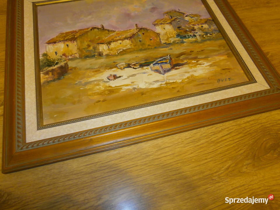 Stary obraz w ramie płótno Wioska rybacka Antyki, Sztuka, Kolekcje