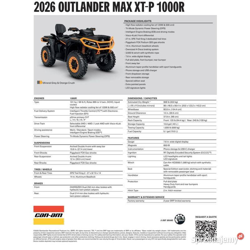 CanAm Outlander XTP 1000R 4VTC 2026 quad atv Can-Am Motocykle, skutery, quady Nowy Sącz