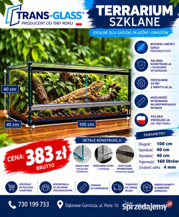 Terrarium szklane 100x40x40 szkło 4 mm producent Dąbrowa Górnicza sprzedam
