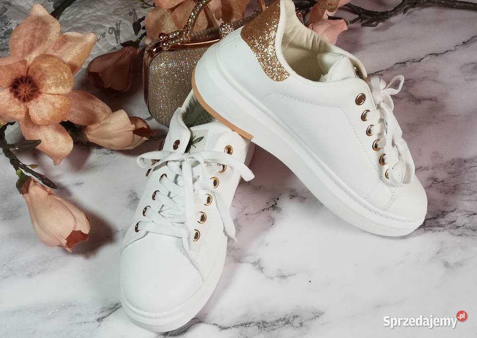 buty sportowe sneakers białe złote pszczółki skóra ekologiczna mazowieckie