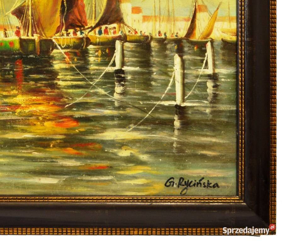 Duży obraz olejny na płycie Połów w Porcie wym Warszawa