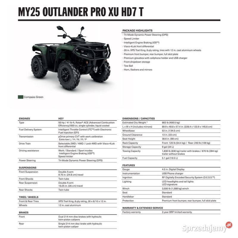 QUAD CanAm Outlander Pro XU T HD7 Compass Green wał Kardana małopolskie Nowy Sącz