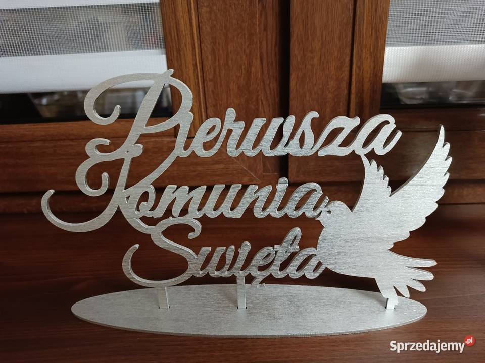 Srebrny drewniany napis Pierwsza Komunia Święta Pozostałe Dębica