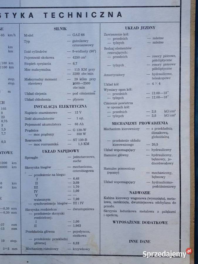 GAZ 66 tablica charakterystyka techniczna Warszawa sprzedam