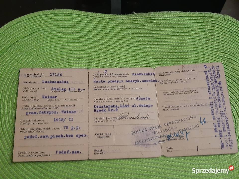 Legitymacja gyłego jeńca wojennego stalag III A Łomża
