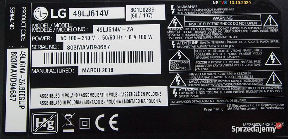 81EBT00002KW EAX6712960410 do LG49LJ614V mazowieckie sprzedam