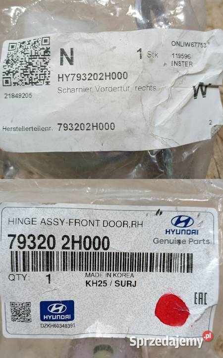 KIA HYUNDAI ZAWIAS DRZWI PRAWY PRZÓD 793202H000 Zawiasy, bolce i prowadnice Pleszew