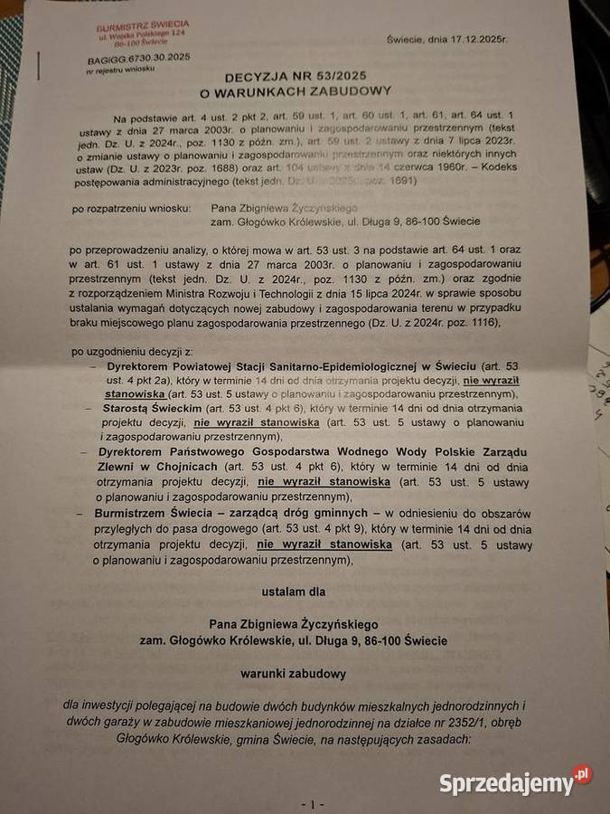 Sprzedam działkę budowlano inwestycyjna Głogówko Królewskie