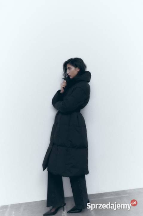 Długi puchowy płaszcz z paskiem Zara XS śląskie Sosnowiec