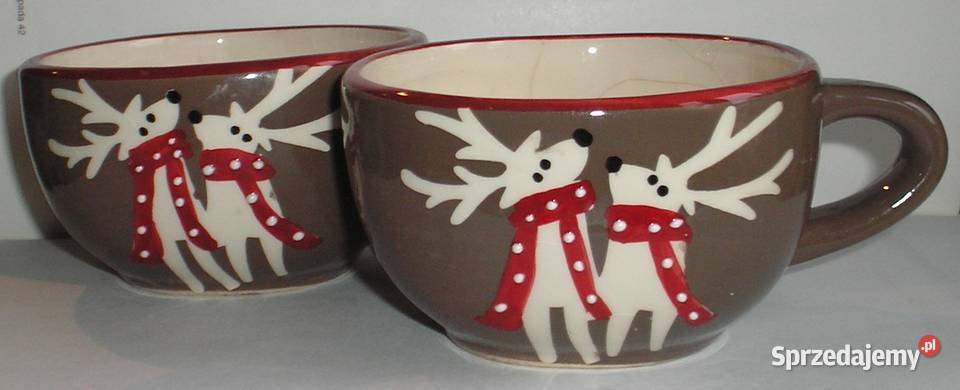 2 brązowe filiżanki z reniferami ceramiczne małopolskie Kraków