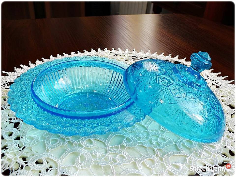 Cukiernica Niebieskie Turkusowe Szkło Ząbkowice Porcelana i szkło Żary