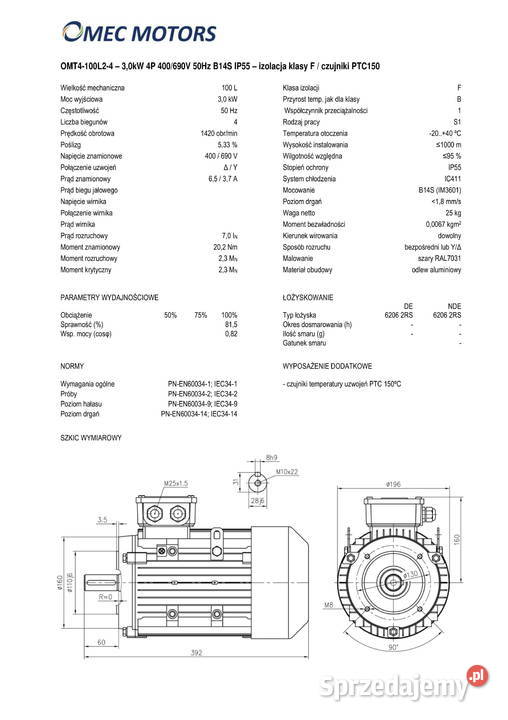 silnik elektryczny 3kW 1400obr 3fazowy 100B14 Silniki Pigża