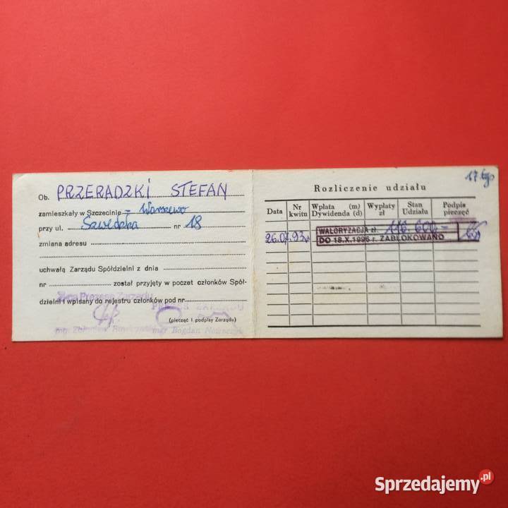 1907 Legitymacja Społem Przeradzki Szczecin