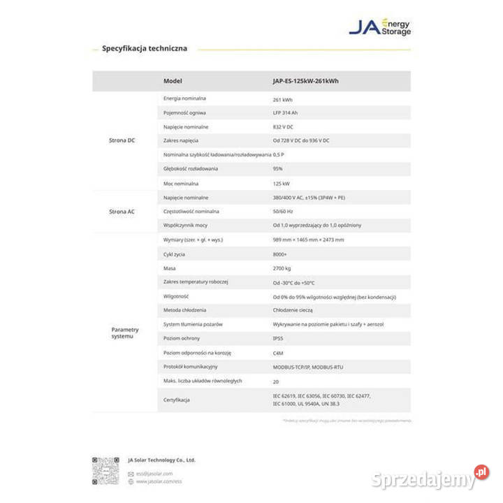Magazyn Energii JA Solar 261kWh ESS Chłodzony