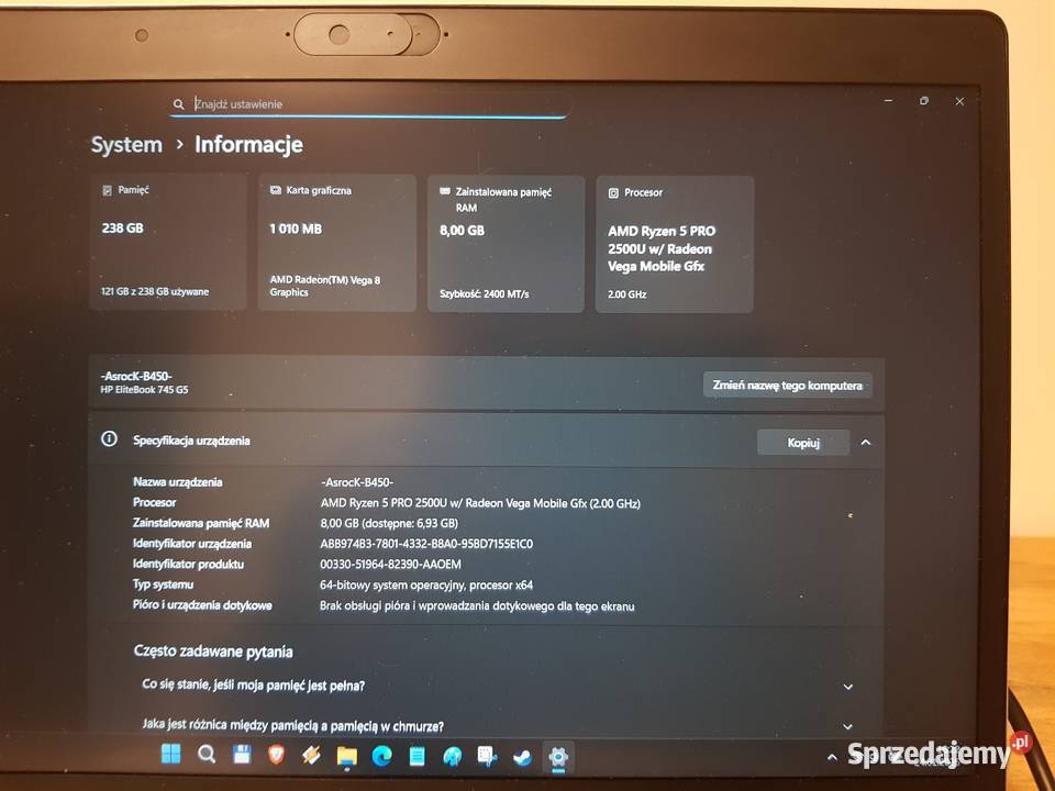 HP EliteBook 745 G5 Ryzen 5 8GB RAM 256GB SSD Bydgoszcz