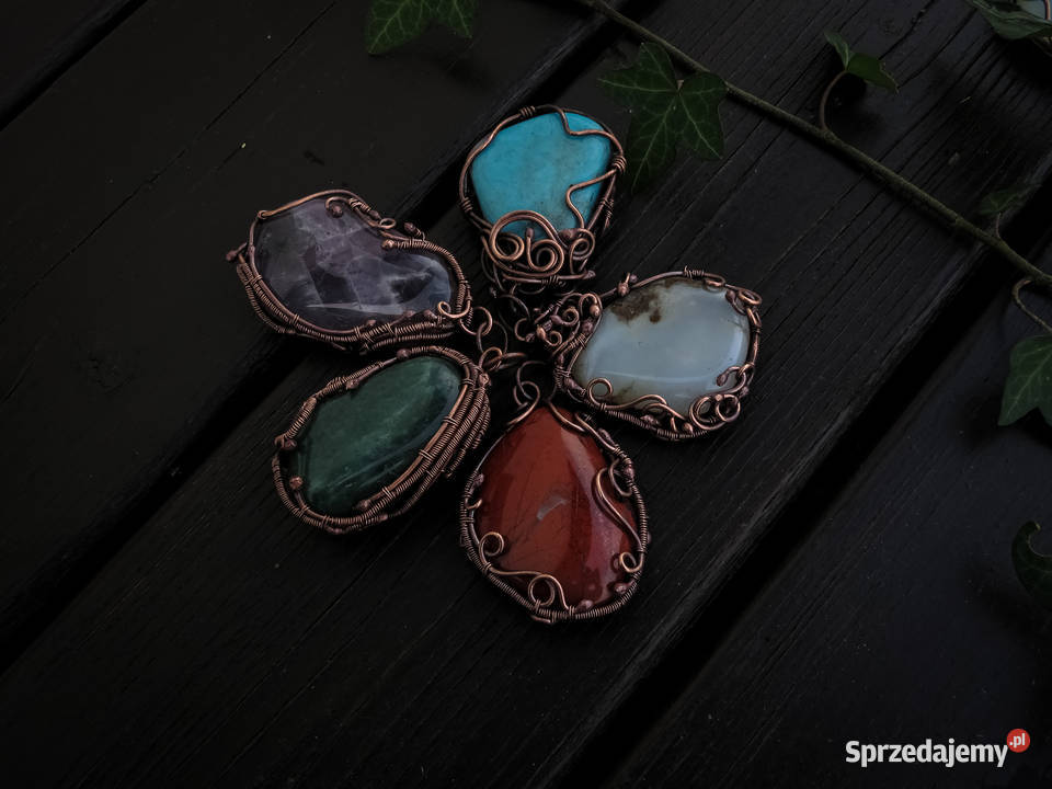 Unikatowy wisior mleczny kwarc miedź rękodzieło Kraków