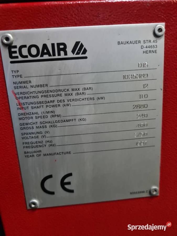 Kompresor śrubowy EKOAIR D 15 11 kw Zduny sprzedam