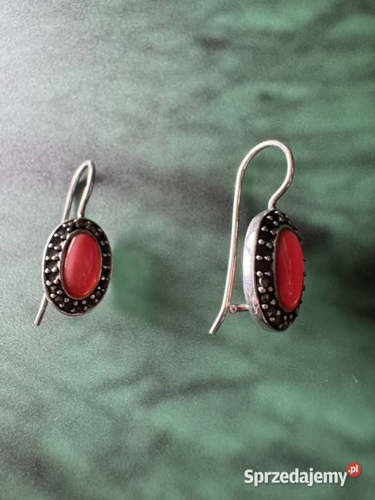 Kolczyki srebrne z markazytami z koralem Częstochowa