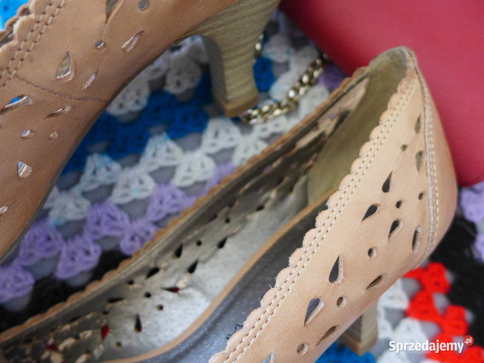 TAMARIS ażurowe czółenka retro skórzane beż nude Warszawa