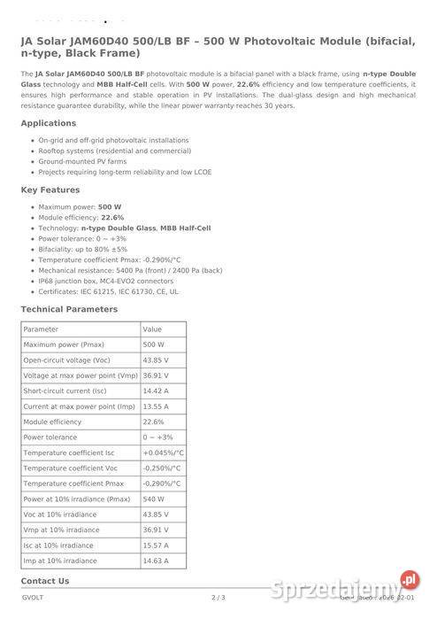 Panel fotowoltaiczny JA SOLAR JAM60D40500LB BF