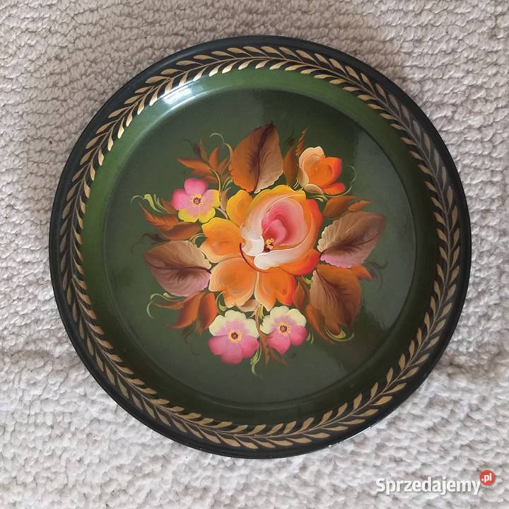 Ozdobny malowany talerz blaszany rękodzieło ZSRR Warszawa