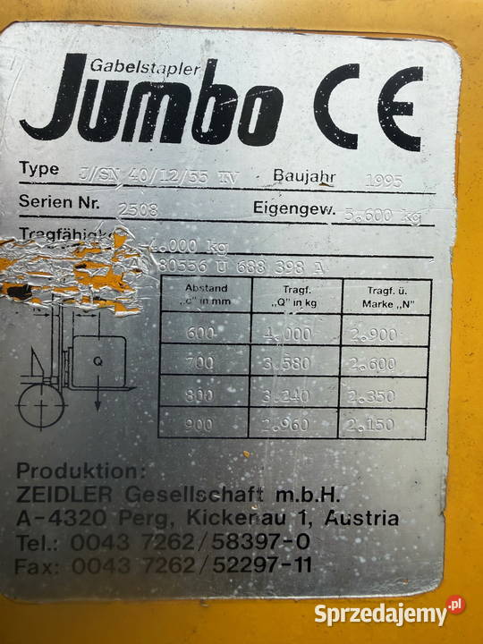 wózek bocznego załadunku JUMBO SN40 4000 TRIPLEX diesel łódzkie Działoszyn sprzedam
