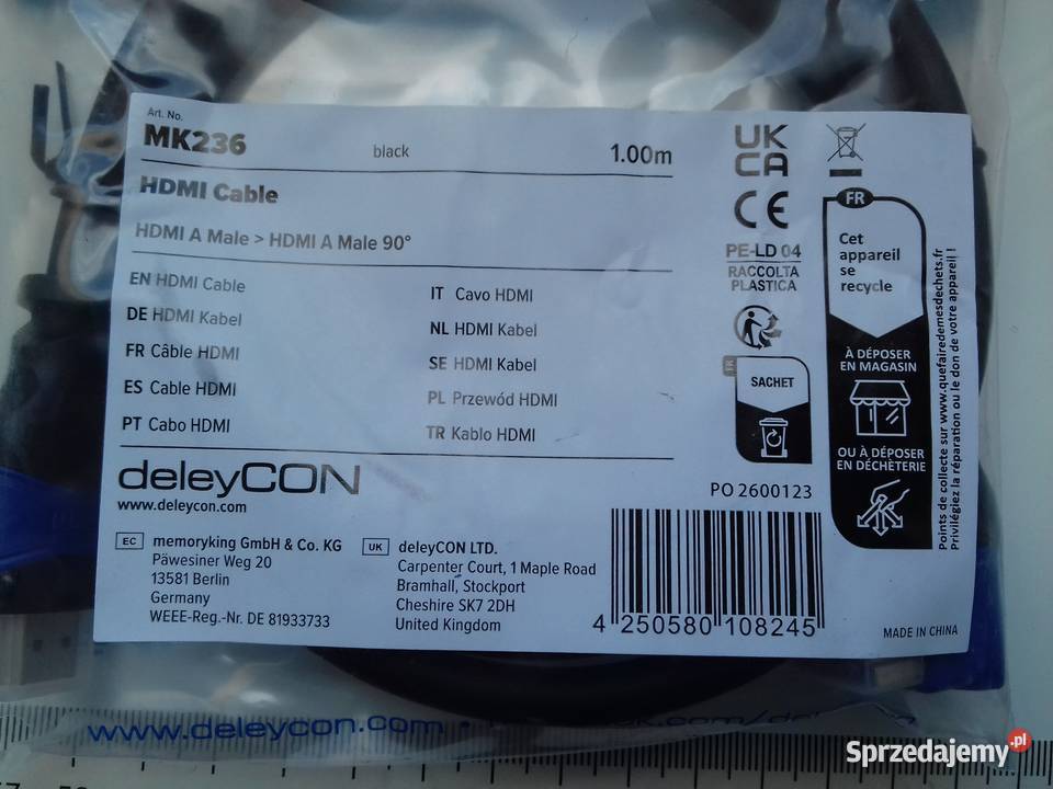 Kabel deleyCON MK236 HDMIHDMI 1m kąt 90 HDMI20a Bydgoszcz