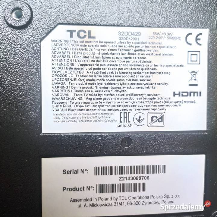 Płyta telewizora TCL 32DD429 i pilot Części i akcesoria Elektronika małopolskie Nowy Sącz