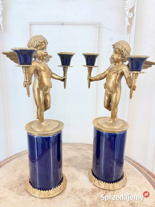 2 Granatowe Świeczniki Porcelana Brąz Amory Kraków
