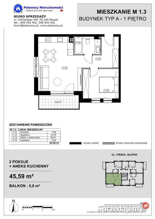 2 pokojowe z dużym balkonem 4559 m2 Słupsk gazowe