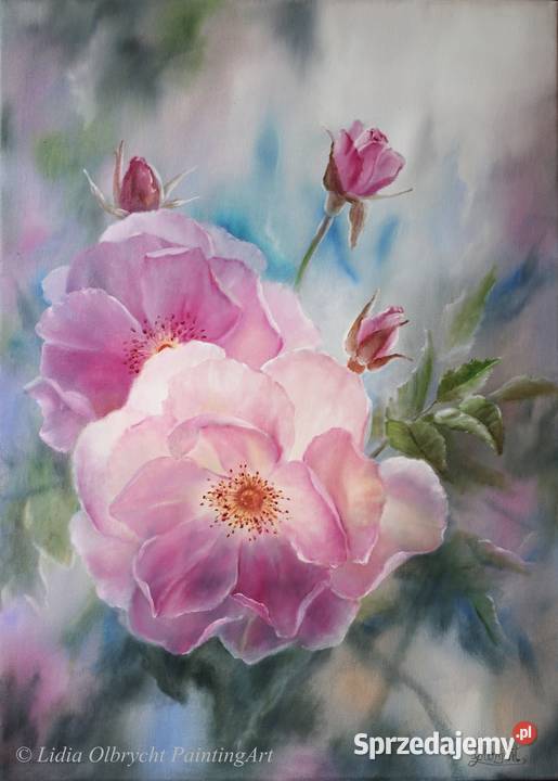 Różowe Róże ręcznie malowany olejny LOlbrycht Nowy Sącz