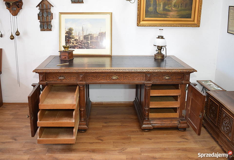DUŻE STARE DĘBOWE BIURKO 190X96 POMOCNICZE BLATY Świdnica