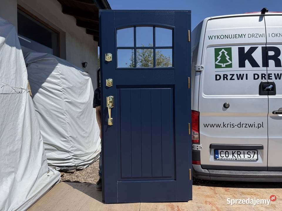 Drzwi zewnętrzne drewniane RĘKI Niebieskie Legnica