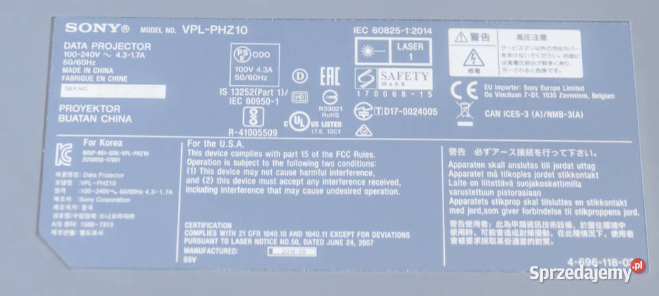 Projektor Sony VPLPHZ10 Laserowy 1920 x 1200px LCD