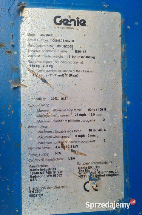 Podnośnik elektryczny nożycowy Genie GS2646 2008
