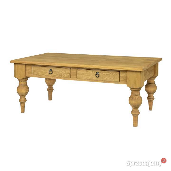 Drewniana ława kawowa z szufladami na nogach