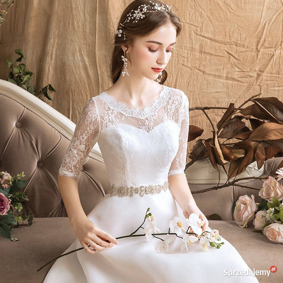 Suknia ślubna cywilny koronka rękawek 36 S 38 M Rozmiar 38(M)