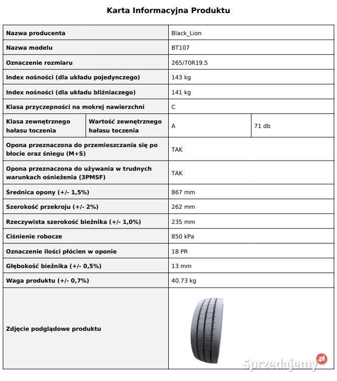 Opona naczepowa 26570 R195 BlackLion BT107 Nowa Zarębki