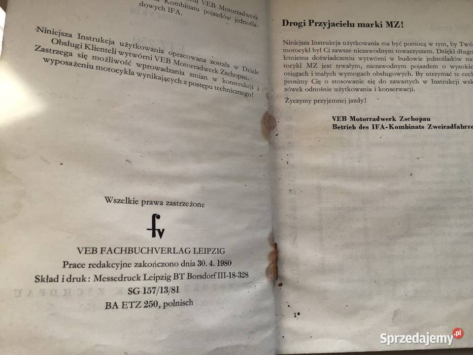Instrukcja obsługi MZ ETZ 250 świętokrzyskie Skarżysko-Kamienna sprzedam