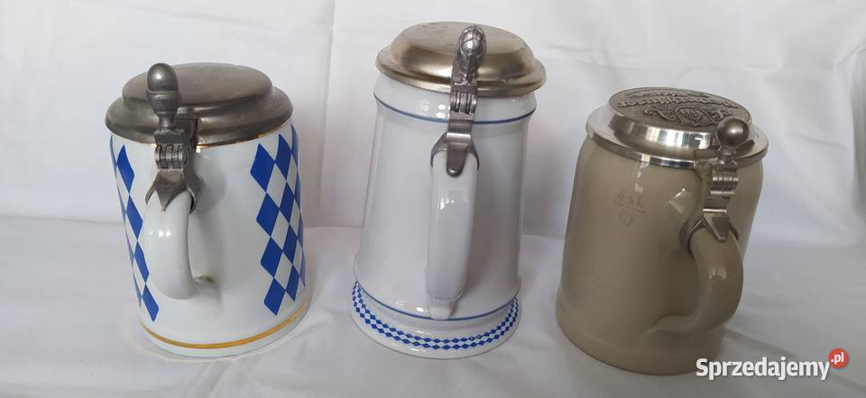 Niemieckie kufle do piwa z cynową przykrywką Porcelana i szkło Wałbrzych