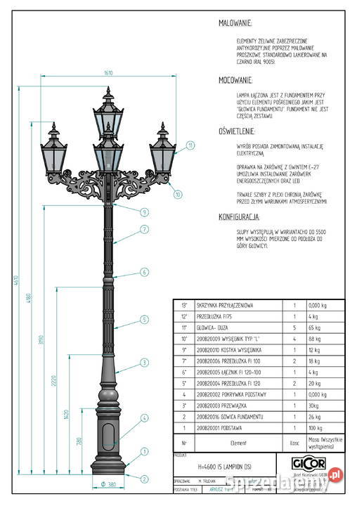 LAMPA ŻELIWNA ULICZNA H4600mm LATARNIA TARAS