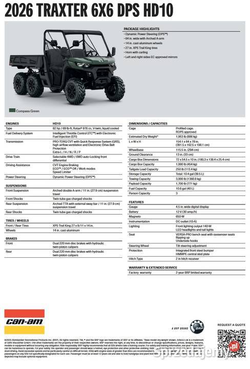 CanAm Traxter 6x6 DPS HD10 Compass green 9VTC 976cm3 Can-Am Motocykle, skutery, quady małopolskie