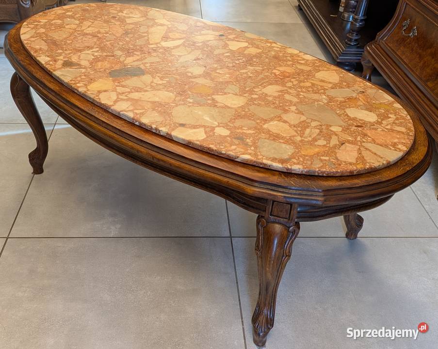 Piękny dębowy stolik ludwikowski z marmuremsklep Dąbrowa Górnicza