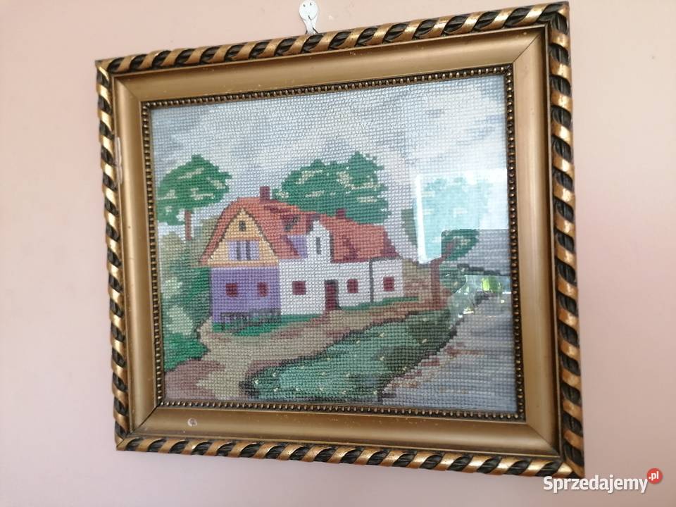 Obraz ręcznie haftowany w drewnianej ramie Łódź sprzedam