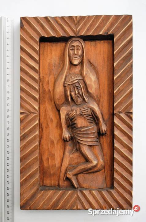 Pieta płaskorzeźba ludowa drewno polskie