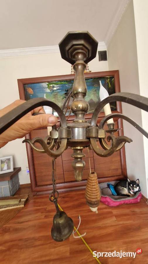 Żyrandol mosiężny przedwojenny sześcioramienny Gorzów Wielkopolski